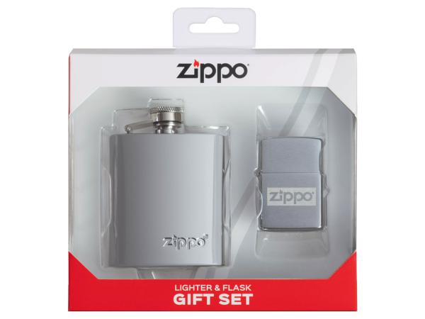 Набор "Zippo": фляжка 89 мл + зажигалка Brushed Chrome